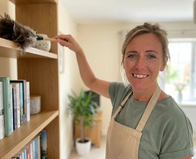 Chantelle Barratt dusting a shelf during a Repton home clean